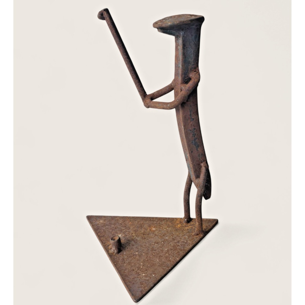 Vintage METAL ART Rusty Railroad Spike Golfer Sculpture Metal Golf Art 8"
